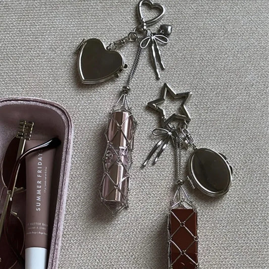Creative Hanging Decorations Love Star Charm Mesh Bag Lipstick Holder Stainless Steel Lip Balm Pouch Metal Keychain