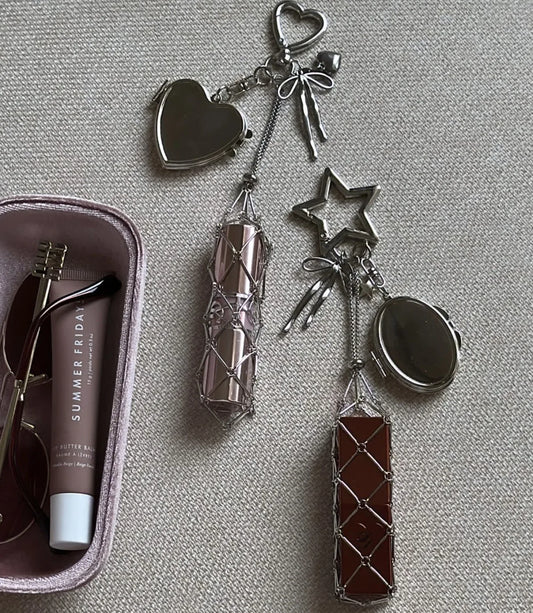 Creative Hanging Decorations Love Star Charm Mesh Bag Lipstick Holder Stainless Steel Lip Balm Pouch Metal Keychain