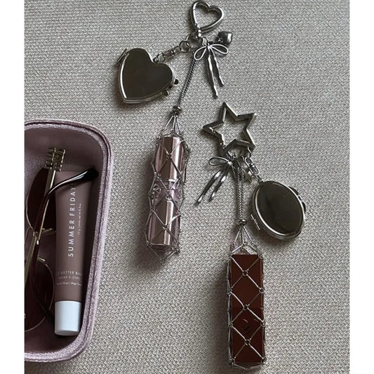 Creative Hanging Decorations Love Star Charm Mesh Bag Lipstick Holder Stainless Steel Lip Balm Pouch Metal Keychain