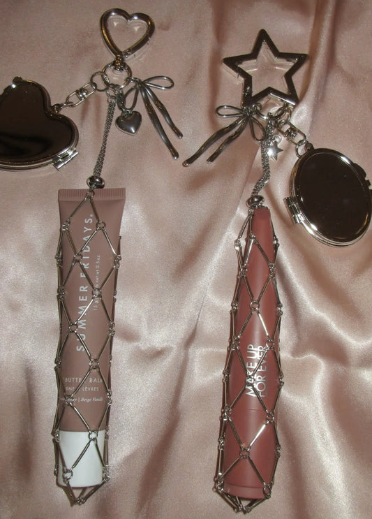 Creative Hanging Decorations Love Star Charm Mesh Bag Lipstick Holder Stainless Steel Lip Balm Pouch Metal Keychain