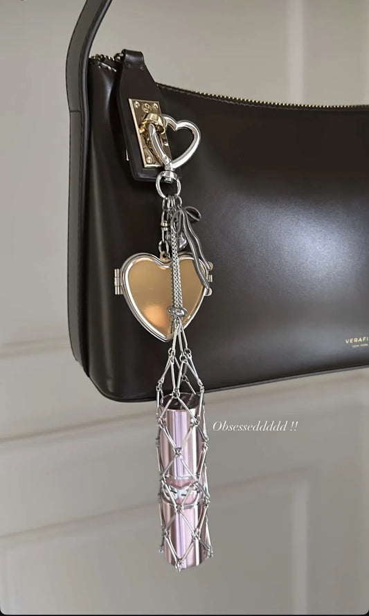 Creative Hanging Decorations Love Star Charm Mesh Bag Lipstick Holder Stainless Steel Lip Balm Pouch Metal Keychain