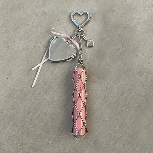 Creative Hanging Decorations Love Star Charm Mesh Bag Lipstick Holder Stainless Steel Lip Balm Pouch Metal Keychain